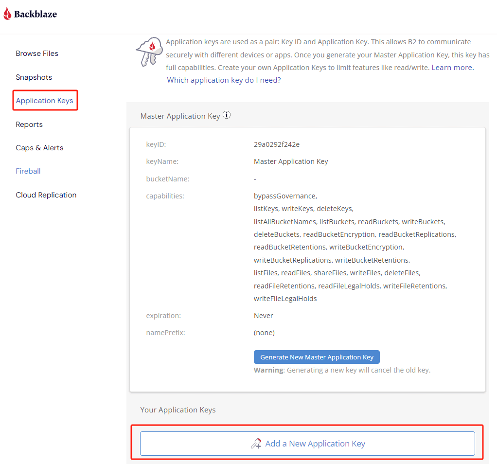 Create Backblaze Application Key