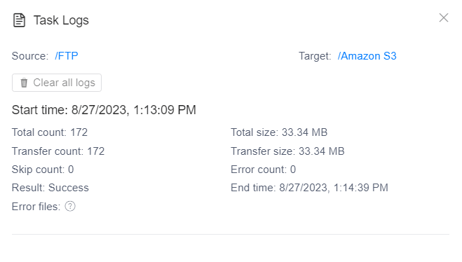 Task logs for Copying FTP to Amazon S3