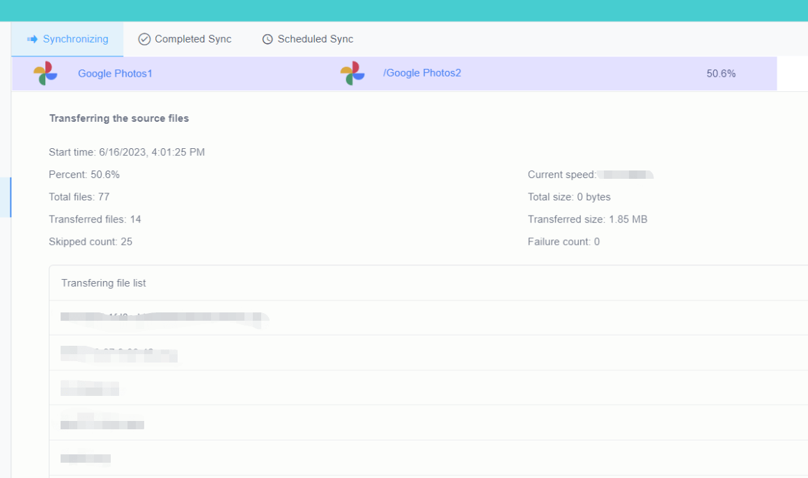The progress for transferring Google Photos to another