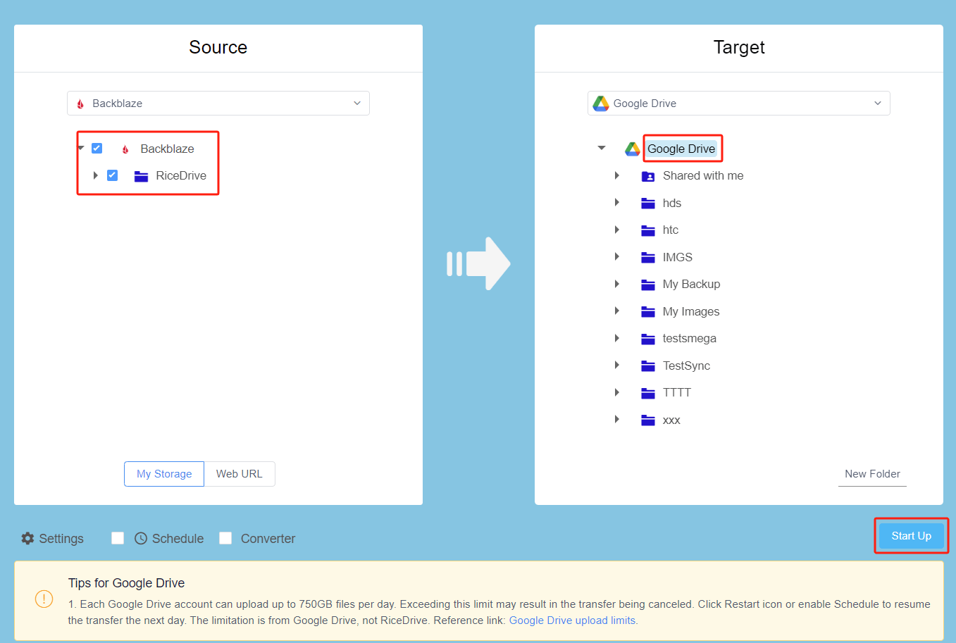 Transfer Google Drive to Backblaze b2