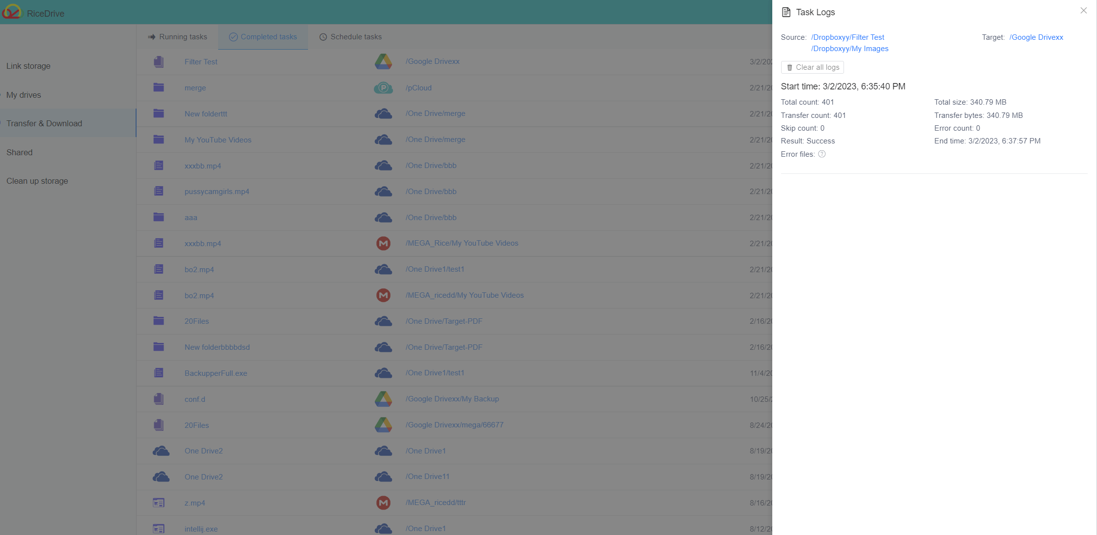 Log for OneDrive to mega