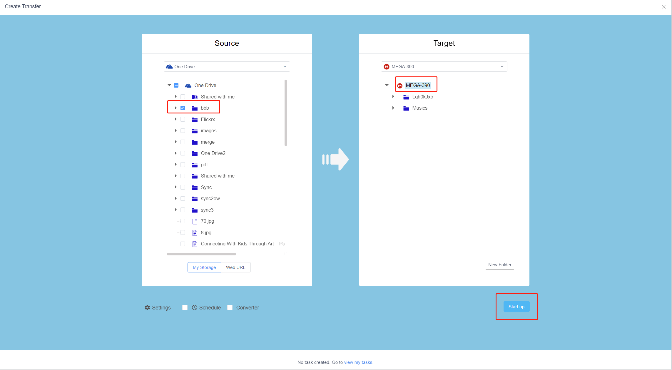 onedriveからmegaへのタスク作成