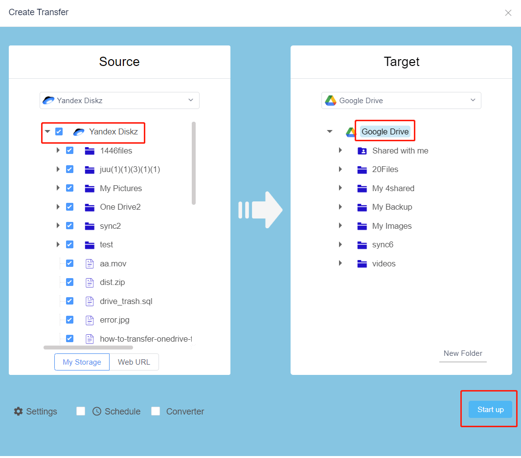 Create task for moving Yandex files to Google Drive