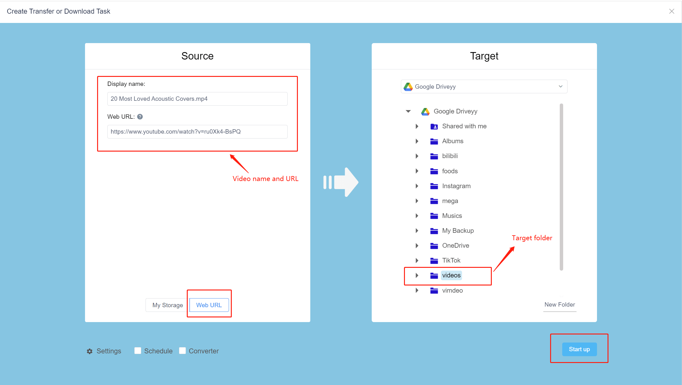 Create a task to save YouTube video to Google Drive